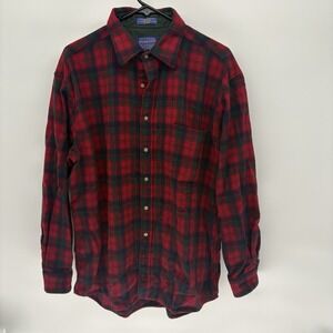 Vintage Pendleton Red Plaid Wool Flannel Shirt Loop Collar Pocket Retro Men L